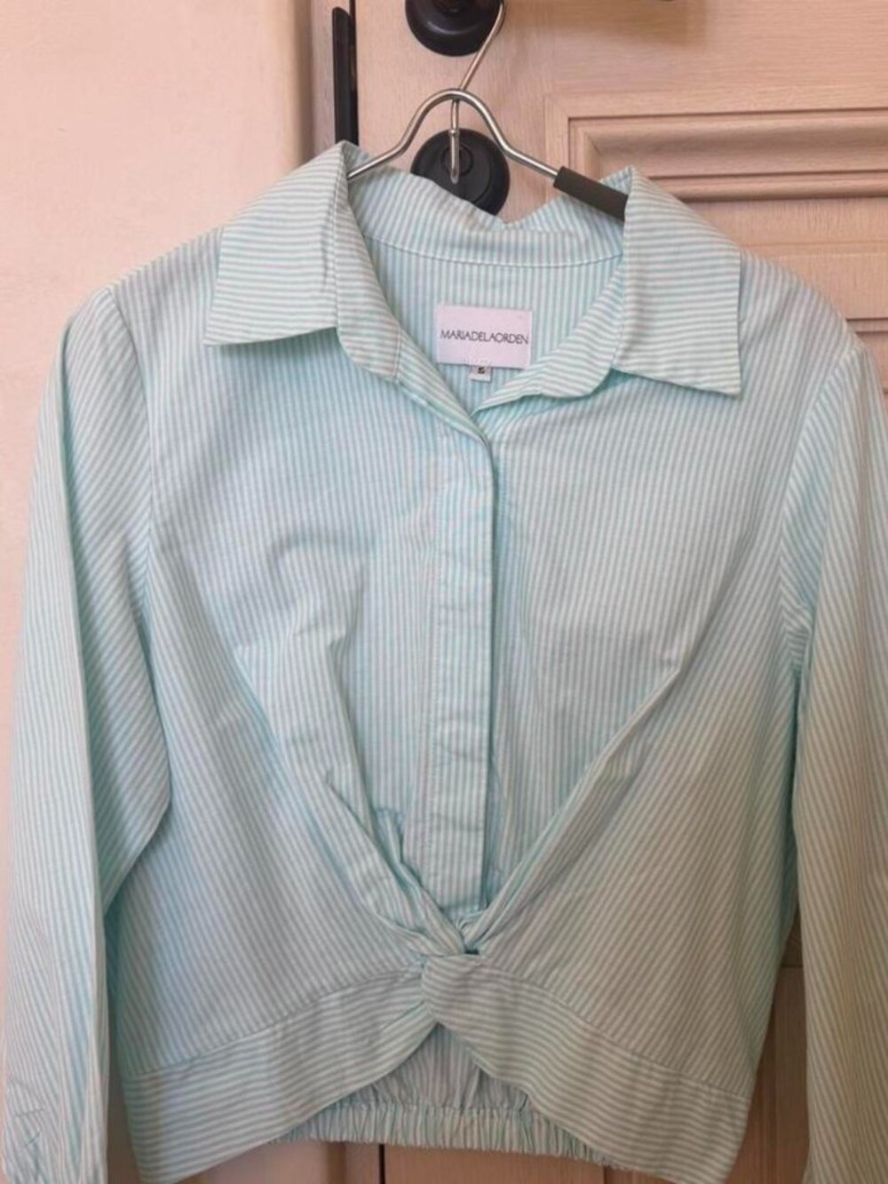 Maria de la Orde Mint Green Stripe & White Cotton Cropped Button Up Top SZ Small